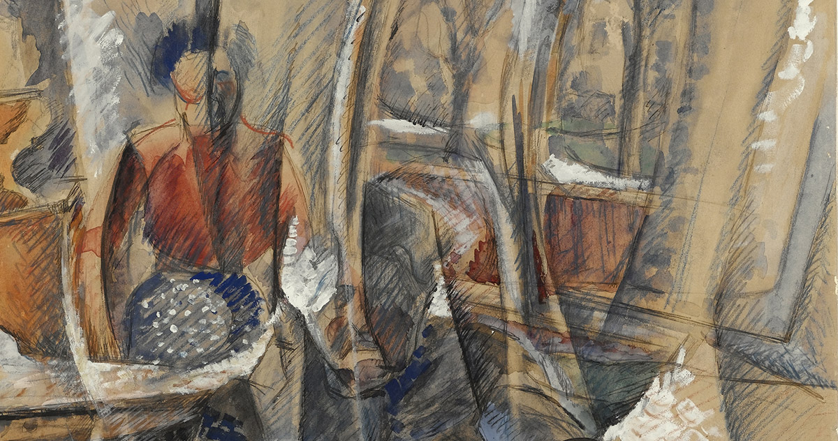 Dettaglio di Umberto Boccioni,<em> Interno con due figure femminili</em>, 1916 grafite, matita, inchiostro nero, matite colorate, acquerello e tempera bianca su carta, 654 x 475 mm Castello Sforzesco-Civico Gabinetto dei Disegni, Milano Foto Annette Keller