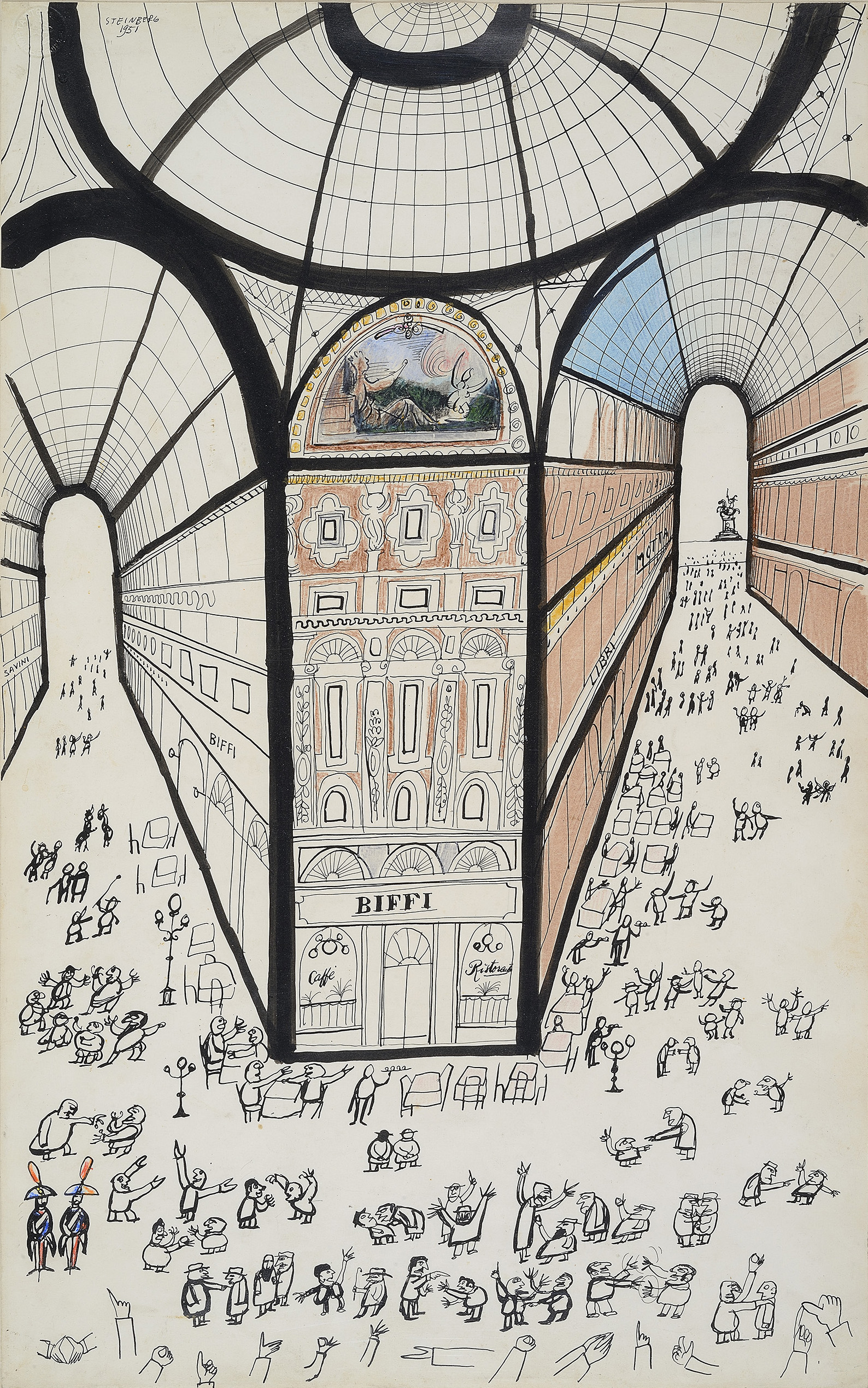 Saul Steinberg, Galleria di Milano, 1951 Inchiostro, matita grassa e acquerello su carta Collezione privata © The Saul Steinberg Foundation/Artists Rights Society (ARS) New York